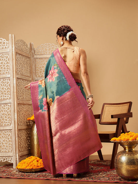 Hiral Fashion Teal Banarasi Tissue Silk Floral Digital Printed Saree | Swadesiicart
