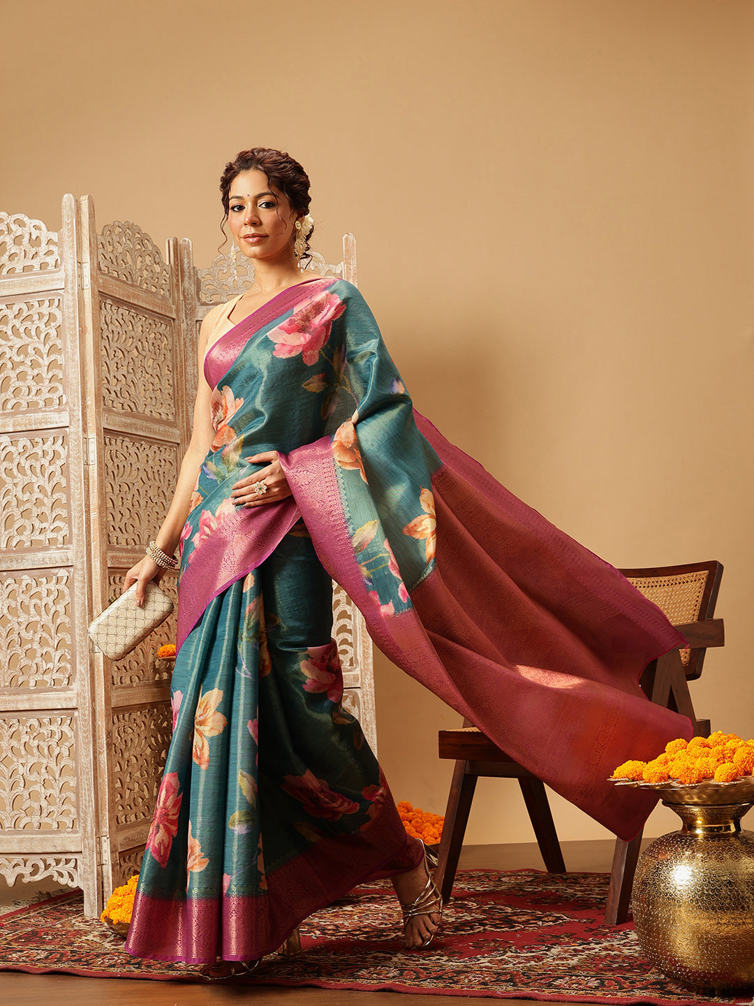Hiral Fashion Teal Banarasi Tissue Silk Floral Digital Printed Saree | Swadesiicart