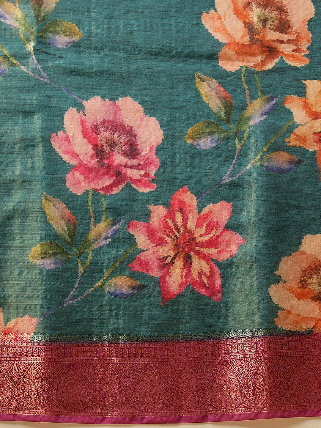 Hiral Fashion Teal Banarasi Tissue Silk Floral Digital Printed Saree | Swadesiicart