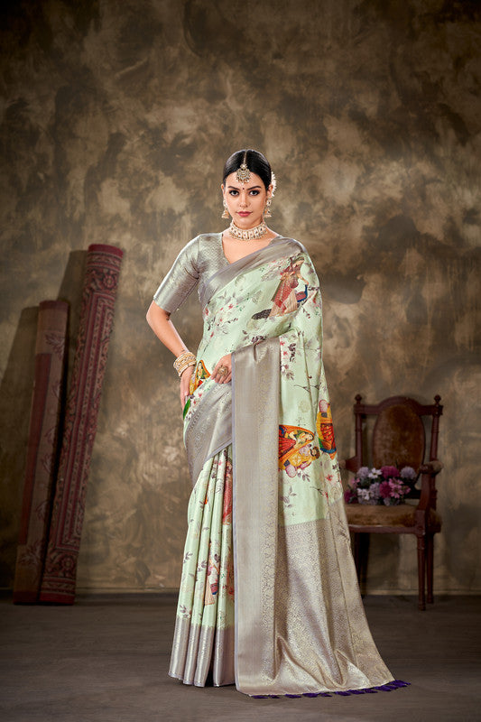Green Art Silk Printed Floral Saree with Unstitched Blouse - Hiral Fashion | Swadesiicart