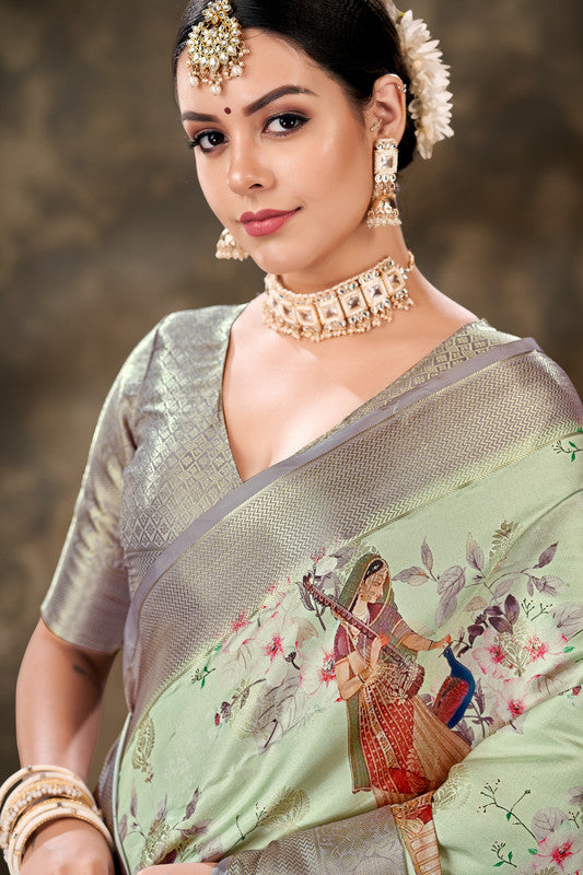 Green Art Silk Printed Floral Saree with Unstitched Blouse - Hiral Fashion | Swadesiicart