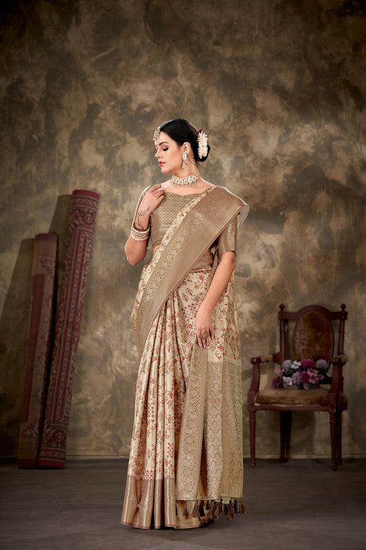 Beige Art Silk Printed Floral Saree with Unstitched Blouse - Hiral Fashion | Swadesiicart