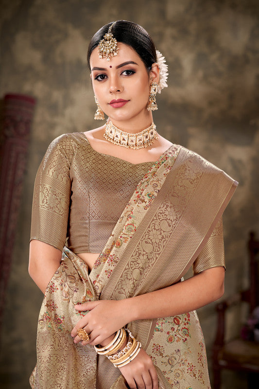 Beige Art Silk Printed Floral Saree with Unstitched Blouse - Hiral Fashion | Swadesiicart