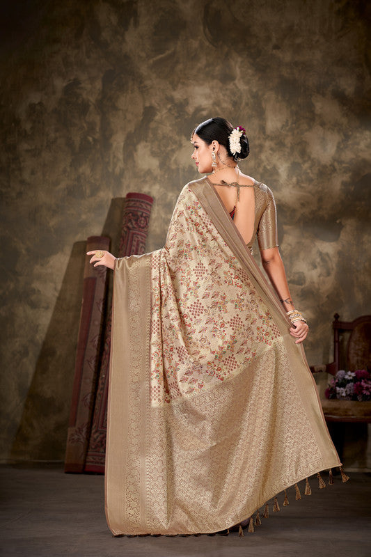 Beige Art Silk Printed Floral Saree with Unstitched Blouse - Hiral Fashion | Swadesiicart