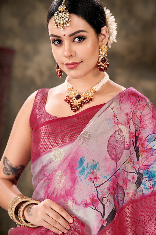 Pink Art Silk Printed Floral Saree with Unstitched Blouse - Hiral Fashion | Swadesiicart
