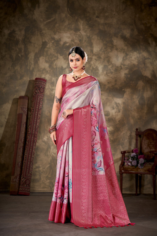 Pink Art Silk Printed Floral Saree with Unstitched Blouse - Hiral Fashion | Swadesiicart