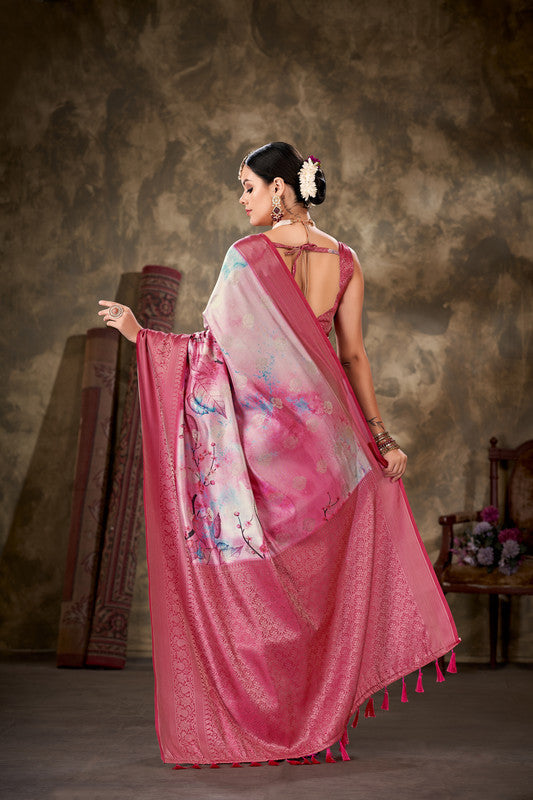 Pink Art Silk Printed Floral Saree with Unstitched Blouse - Hiral Fashion | Swadesiicart