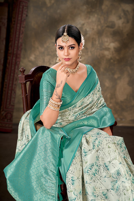 Turquoise Art Silk Printed Floral Saree with Unstitched Blouse - Hiral Fashion | Swadesiicart