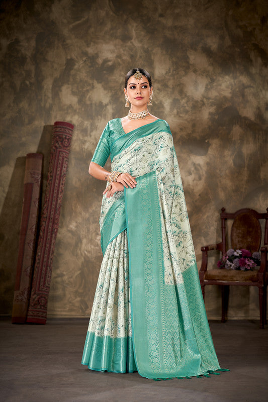 Turquoise Art Silk Printed Floral Saree with Unstitched Blouse - Hiral Fashion | Swadesiicart