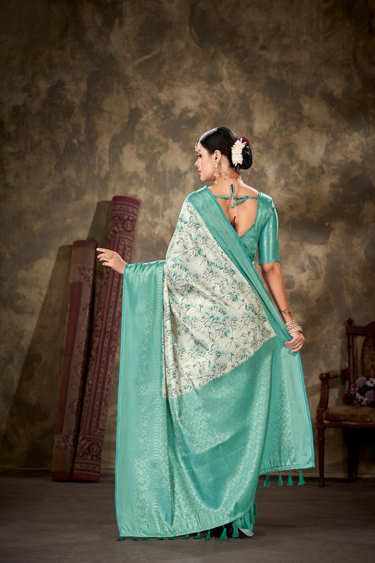 Turquoise Art Silk Printed Floral Saree with Unstitched Blouse - Hiral Fashion | Swadesiicart