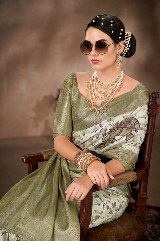 Olive Art Silk Printed Floral Saree with Unstitched Blouse - Hiral Fashion | Swadesiicart