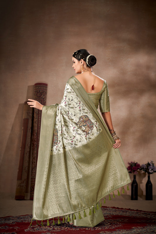 Olive Art Silk Printed Floral Saree with Unstitched Blouse - Hiral Fashion | Swadesiicart