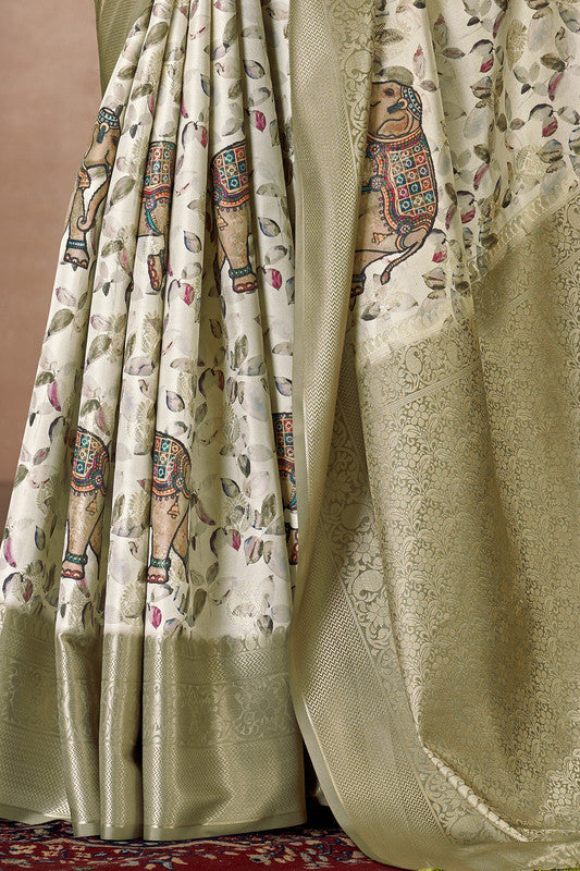 Olive Art Silk Printed Floral Saree with Unstitched Blouse - Hiral Fashion | Swadesiicart