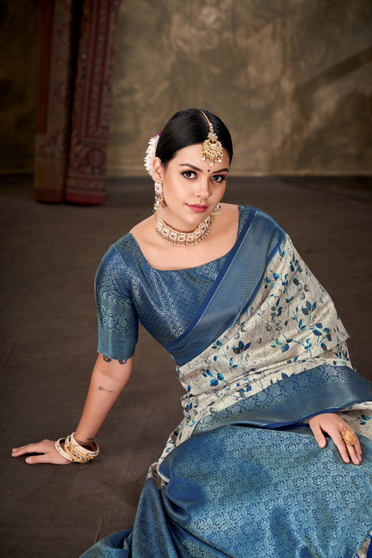 Blue Art Silk Printed Floral Saree with Unstitched Blouse - Hiral Fashion | Swadesiicart