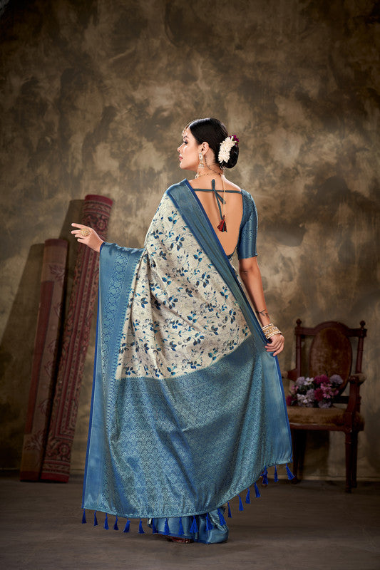 Blue Art Silk Printed Floral Saree with Unstitched Blouse - Hiral Fashion | Swadesiicart