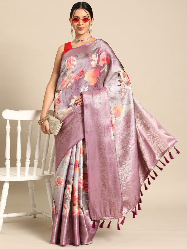 Multicolor Art Silk Woven Zari Design Floral Saree with Unstitched Blouse - Hiral Fashion | Swadesiicart