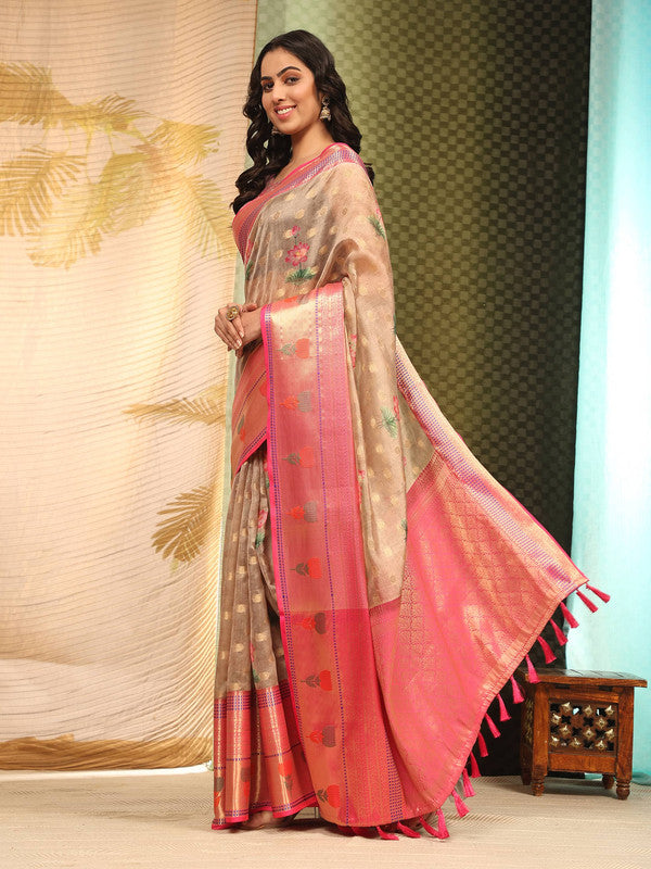 Beige Art Silk Digital Print Floral Saree with Unstitched Blouse - Hiral Fashion | Swadesiicart