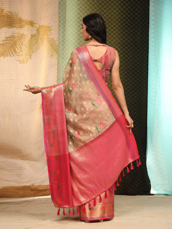 Beige Art Silk Digital Print Floral Saree with Unstitched Blouse - Hiral Fashion | Swadesiicart