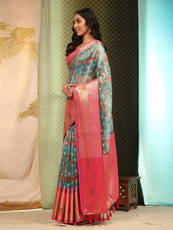 Blue Art Silk Digital Print Floral Saree with Unstitched Blouse - Hiral Fashion | Swadesiicart