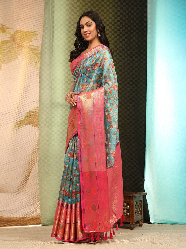 Blue Art Silk Digital Print Floral Saree with Unstitched Blouse - Hiral Fashion | Swadesiicart