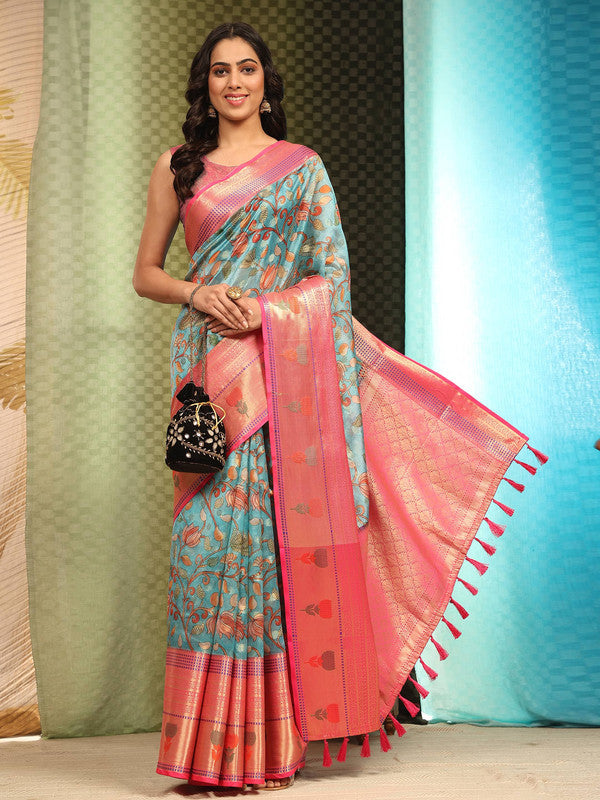 Blue Art Silk Digital Print Floral Saree with Unstitched Blouse - Hiral Fashion | Swadesiicart