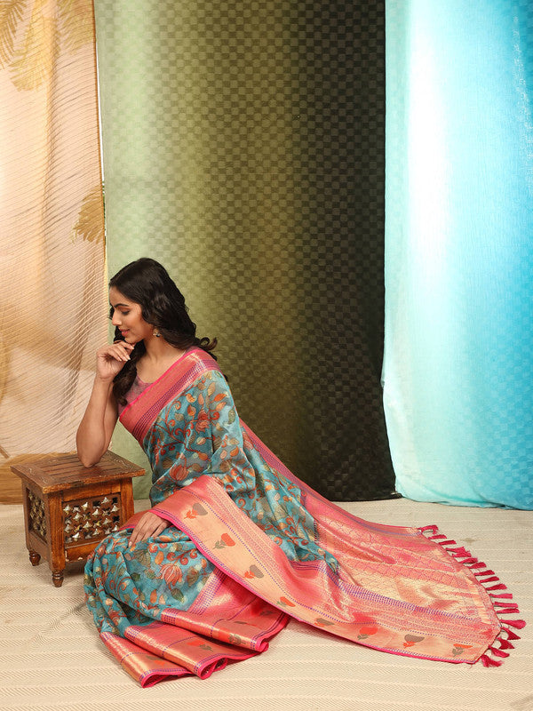 Blue Art Silk Digital Print Floral Saree with Unstitched Blouse - Hiral Fashion | Swadesiicart