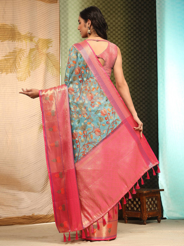 Blue Art Silk Digital Print Floral Saree with Unstitched Blouse - Hiral Fashion | Swadesiicart