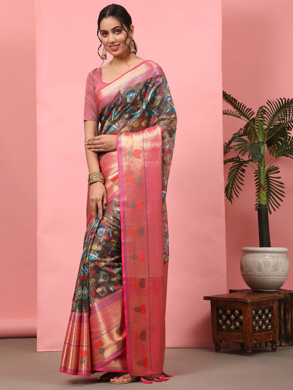 Brown Art Silk Digital Print Floral Saree with Unstitched Blouse - Hiral Fashion | Swadesiicart