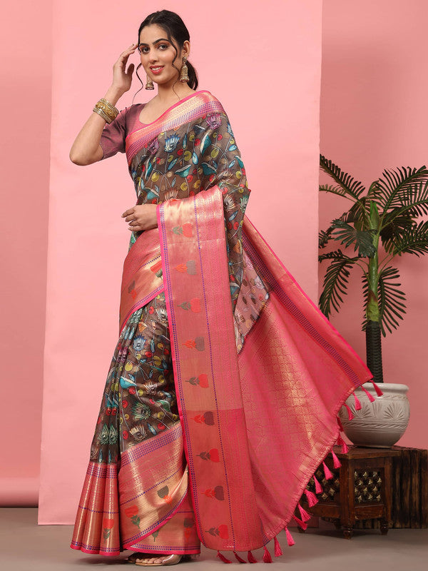 Brown Art Silk Digital Print Floral Saree with Unstitched Blouse - Hiral Fashion | Swadesiicart