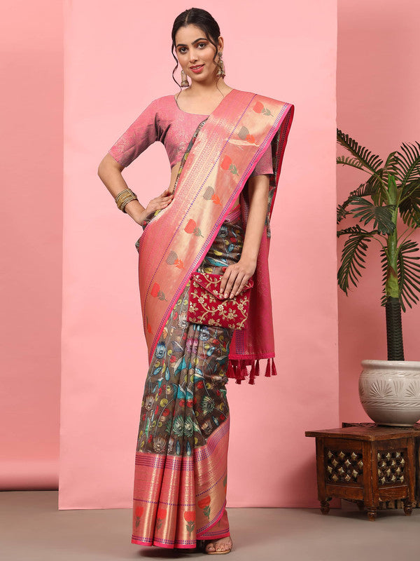 Brown Art Silk Digital Print Floral Saree with Unstitched Blouse - Hiral Fashion | Swadesiicart