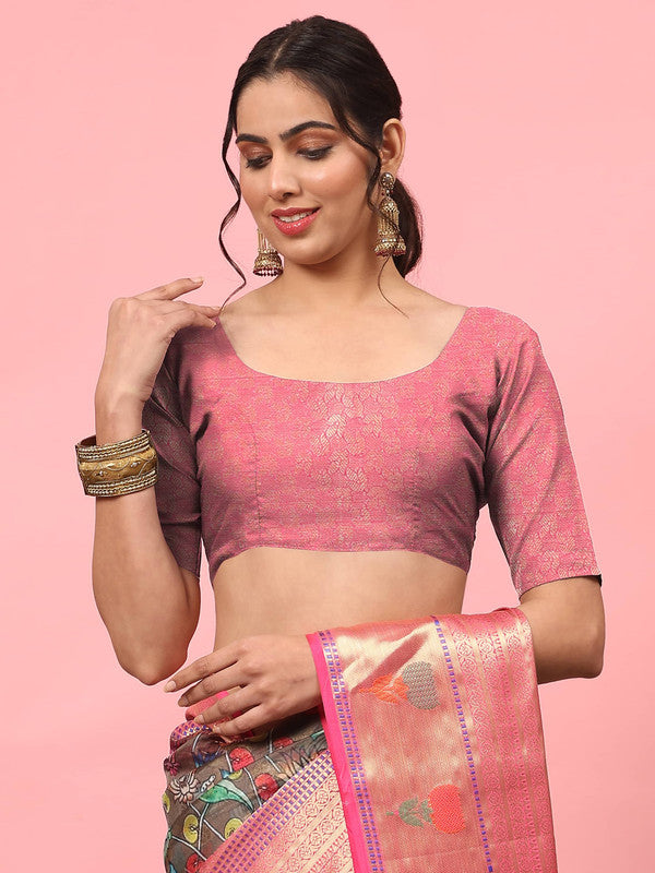 Brown Art Silk Digital Print Floral Saree with Unstitched Blouse - Hiral Fashion | Swadesiicart