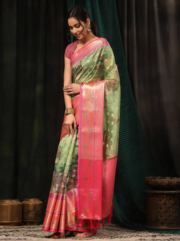 Green Art Silk Digital Print Floral Saree with Unstitched Blouse - Hiral Fashion | Swadesiicart