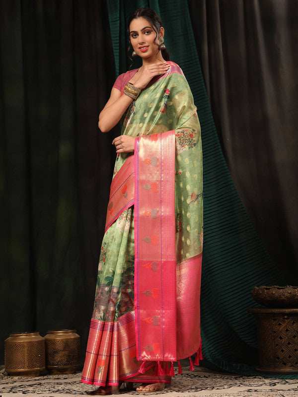 Green Art Silk Digital Print Floral Saree with Unstitched Blouse - Hiral Fashion | Swadesiicart