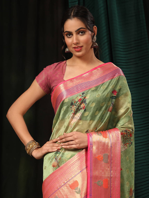 Green Art Silk Digital Print Floral Saree with Unstitched Blouse - Hiral Fashion | Swadesiicart