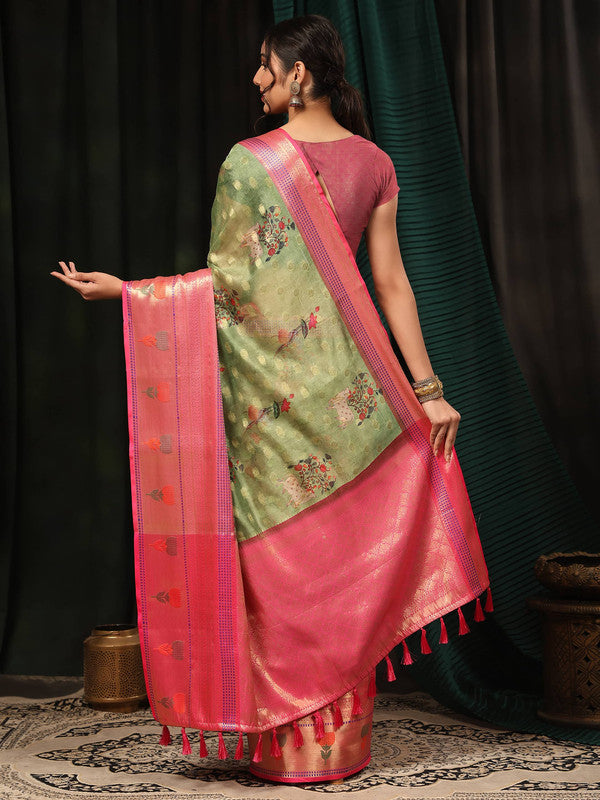 Green Art Silk Digital Print Floral Saree with Unstitched Blouse - Hiral Fashion | Swadesiicart