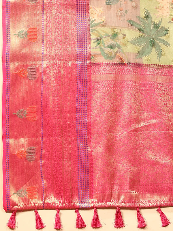Green Art Silk Digital Print Floral Saree with Unstitched Blouse - Hiral Fashion | Swadesiicart
