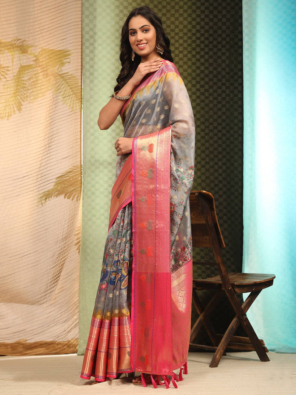 Gray Art Silk Digital Print Floral Saree with Unstitched Blouse - Hiral Fashion | Swadesiicart