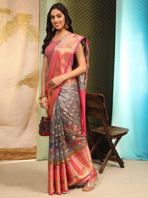 Gray Art Silk Digital Print Floral Saree with Unstitched Blouse - Hiral Fashion | Swadesiicart