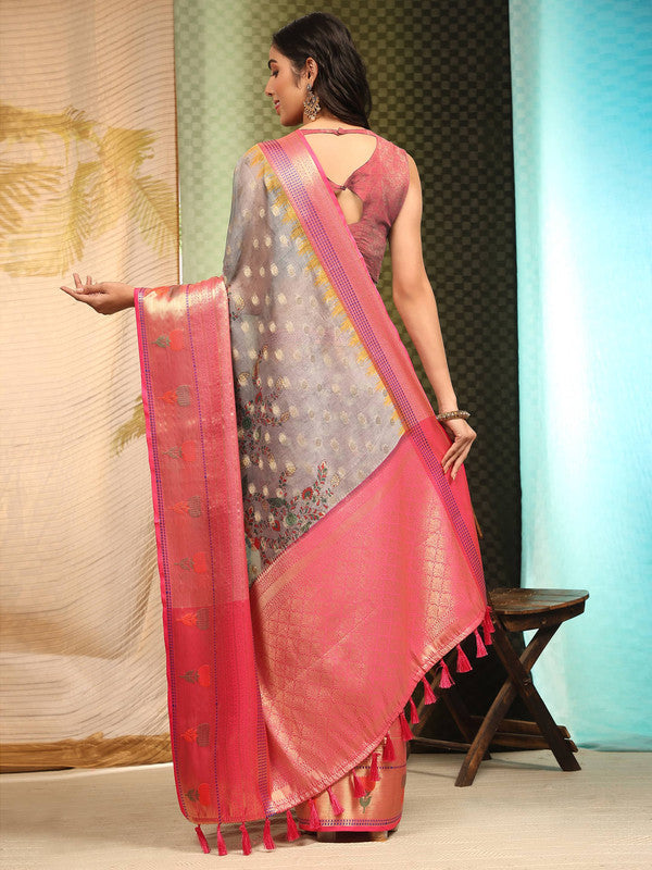 Gray Art Silk Digital Print Floral Saree with Unstitched Blouse - Hiral Fashion | Swadesiicart