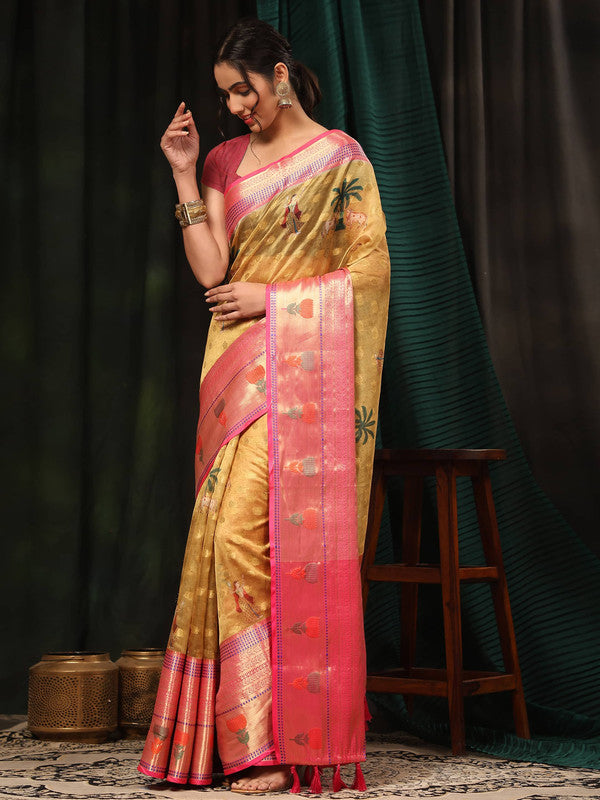Mustard Art Silk Digital Print Floral Saree with Unstitched Blouse - Hiral Fashion | Swadesiicart