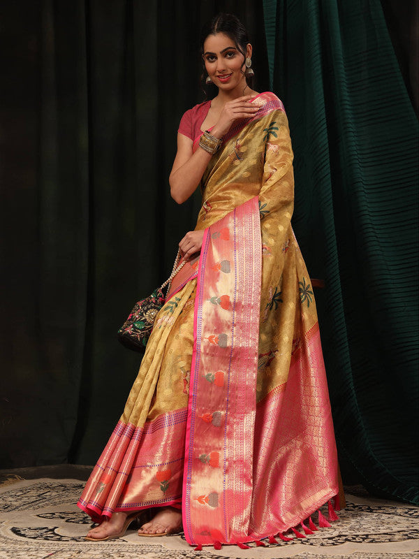 Mustard Art Silk Digital Print Floral Saree with Unstitched Blouse - Hiral Fashion | Swadesiicart