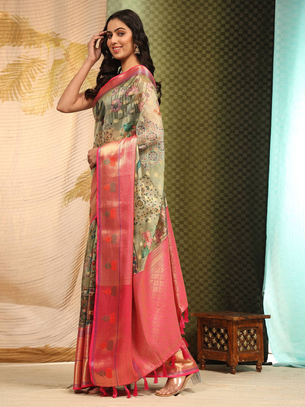 Multicolor Art Silk Digital Print Floral Saree with Unstitched Blouse - Hiral Fashion | Swadesiicart