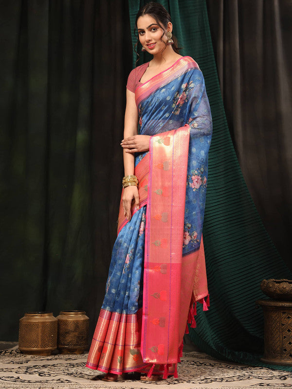 Navy Blue Art Silk Digital Print Floral Saree with Unstitched Blouse - Hiral Fashion | Swadesiicart