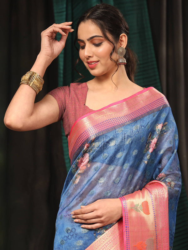 Navy Blue Art Silk Digital Print Floral Saree with Unstitched Blouse - Hiral Fashion | Swadesiicart