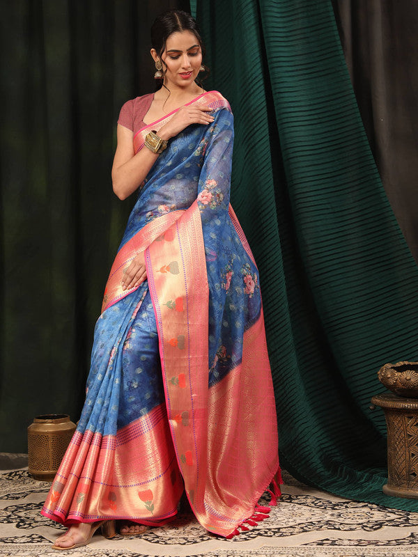 Navy Blue Art Silk Digital Print Floral Saree with Unstitched Blouse - Hiral Fashion | Swadesiicart