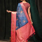 Navy Blue Art Silk Digital Print Floral Saree with Unstitched Blouse - Hiral Fashion | Swadesiicart