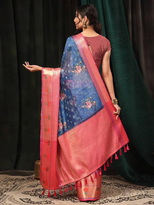 Navy Blue Art Silk Digital Print Floral Saree with Unstitched Blouse - Hiral Fashion | Swadesiicart