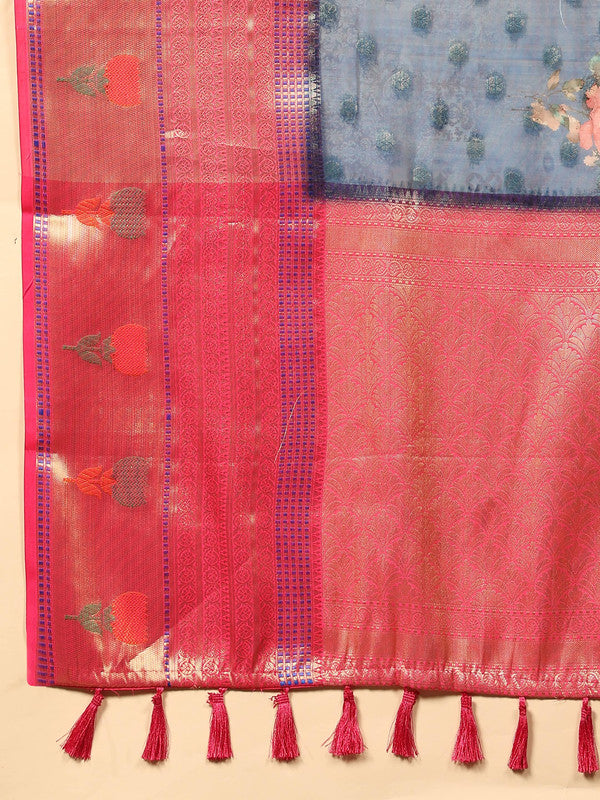 Navy Blue Art Silk Digital Print Floral Saree with Unstitched Blouse - Hiral Fashion | Swadesiicart