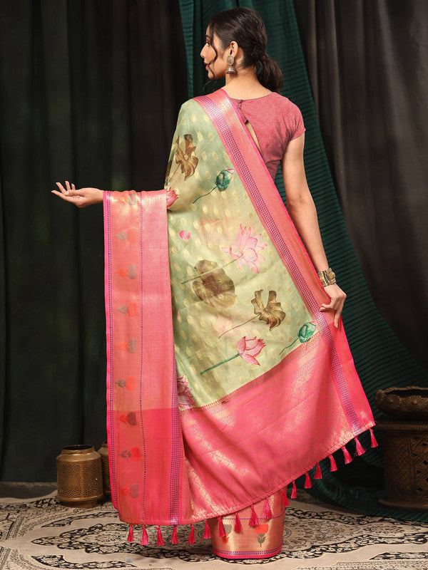 Green Art Silk Digital Print Floral Saree with Unstitched Blouse - Hiral Fashion | Swadesiicart