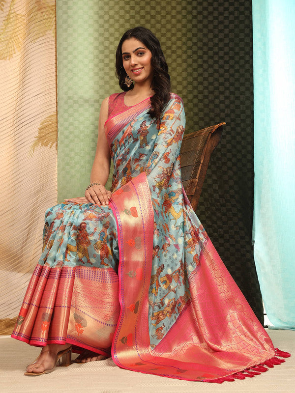 Sky Blue Art Silk Digital Print Floral Saree with Unstitched Blouse - Hiral Fashion | Swadesiicart